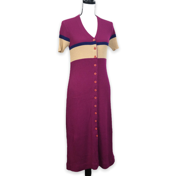 Jane Irwill Vintage 50's Ribbed Knit Midi Dress Size M Button Front Short Sleeve - Picture 1 of 7